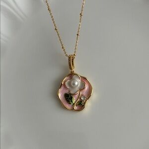Pink Enamel Flower Gold Necklace, Freshwater Pearl Necklace, Handmade Pendant